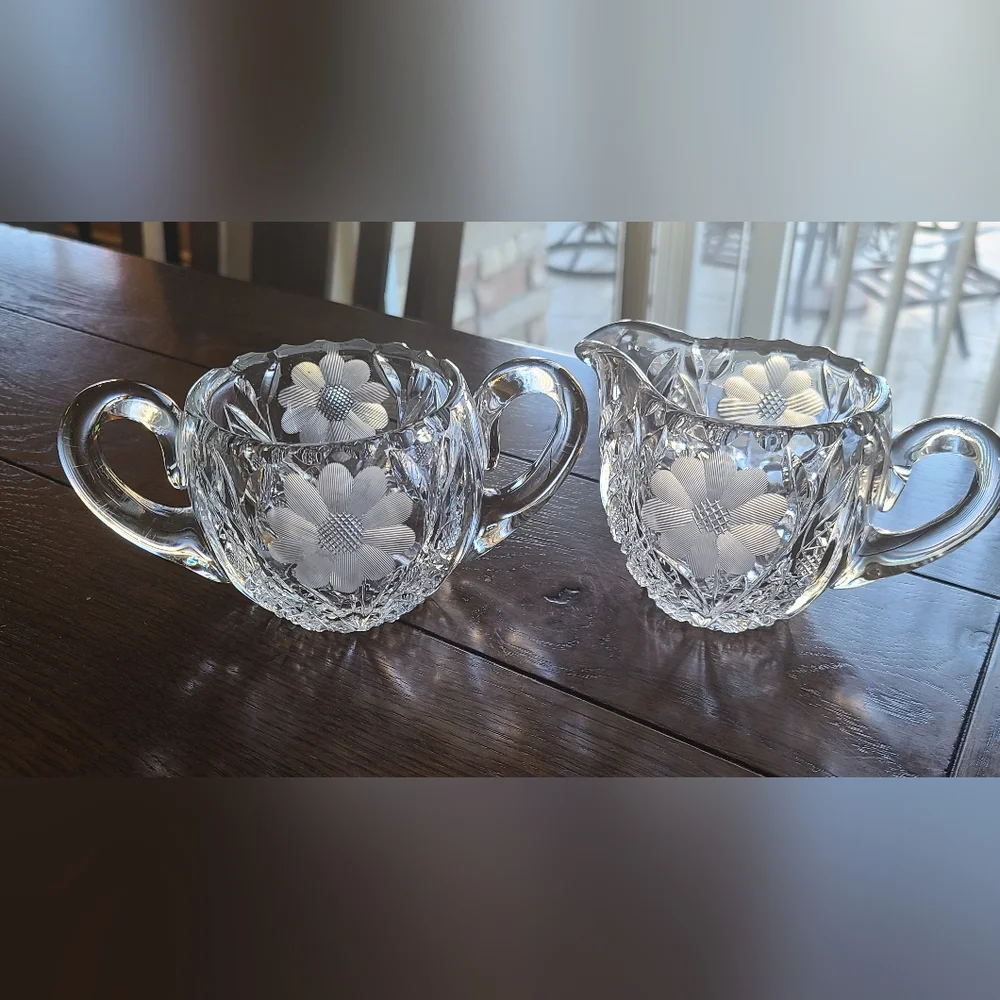 American Brilliant  cut glass sawtooth etched flower creamer & sugar bowl
